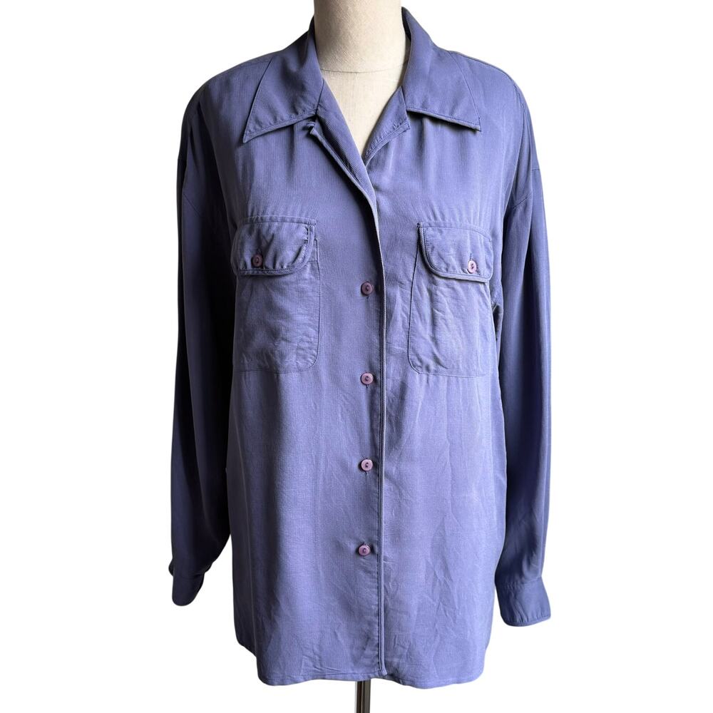 Silk Land 100% Silk Button Front Blouse Purple Blue Vintage 80s 90s Size 8